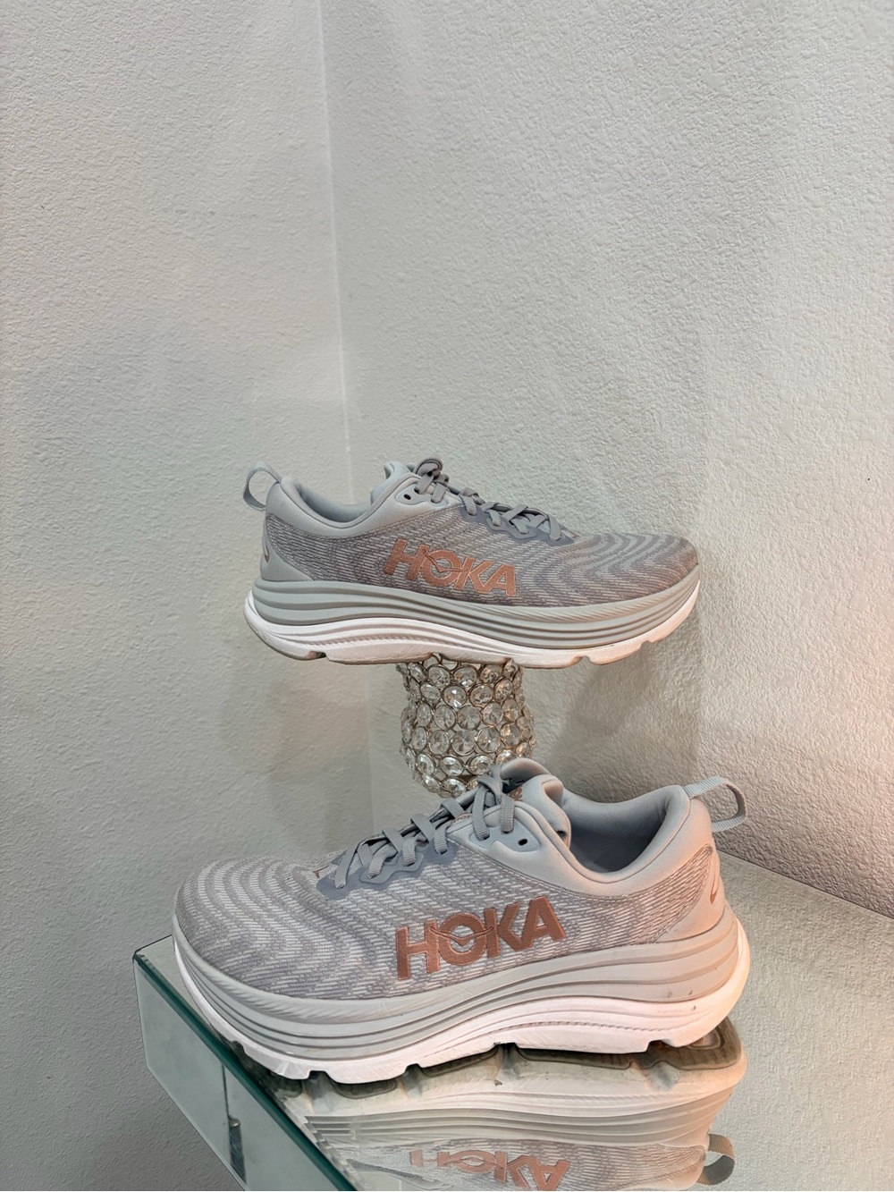 Hoka Women's Light Gray and Rose Gold Running Shoes